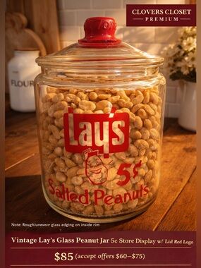 Vintage Lay’s Glass Peanut Jar 5¢ Store Display w/ Lid Red Logo